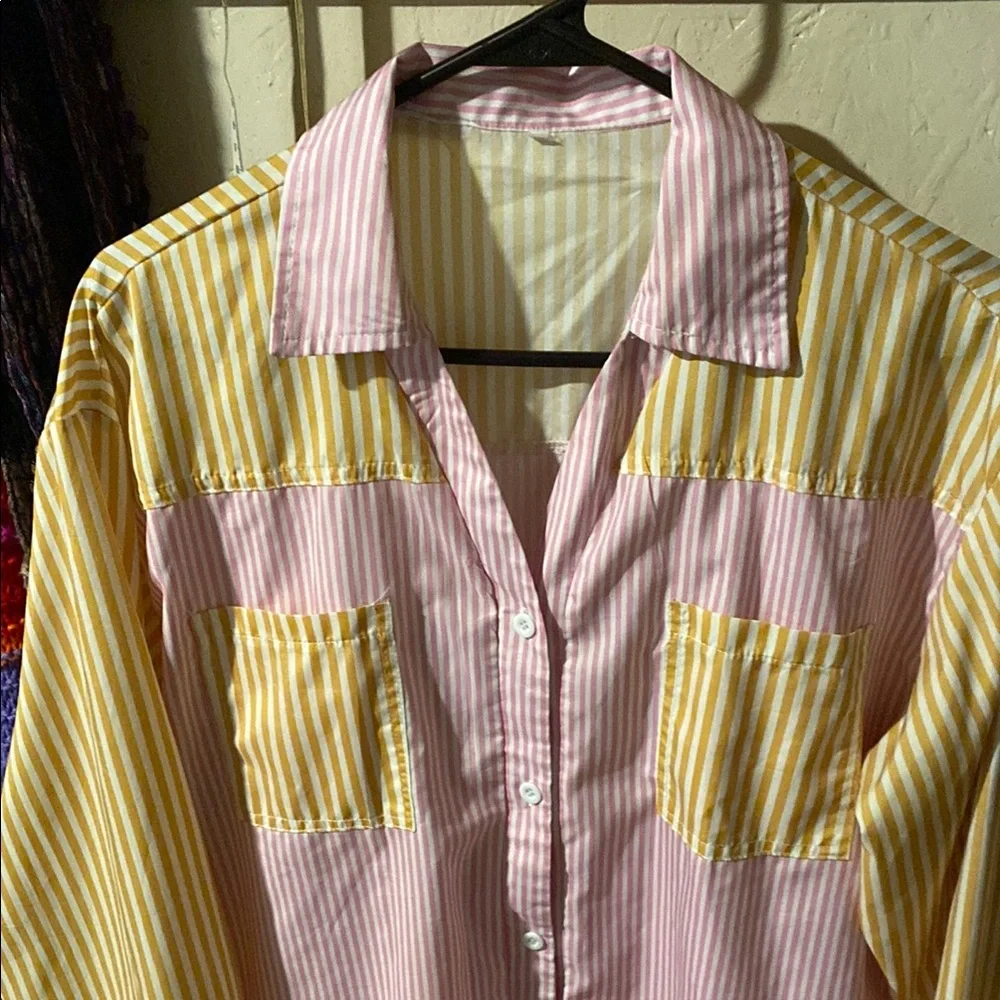 Pink and Yellow Color-Blocked Button Down Shirt - Picture 2 of 3